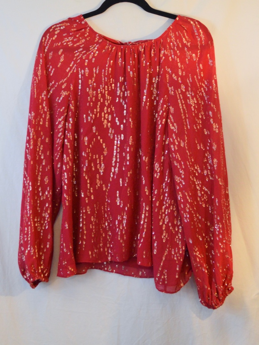 LILLY PULITZER Noraleen Silk Metallic Clip Fish Blouse Malbec Red Tie Back Large